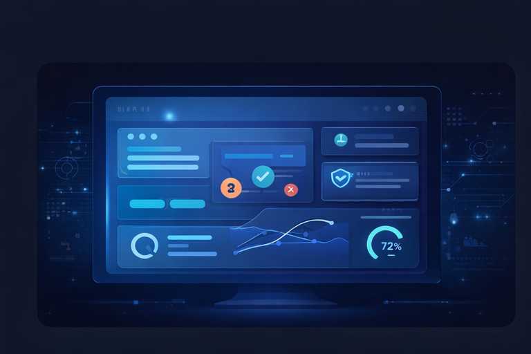 Cybersecurity posture dashboard showing patch compliance, MFA coverage, backup health, and risk level status